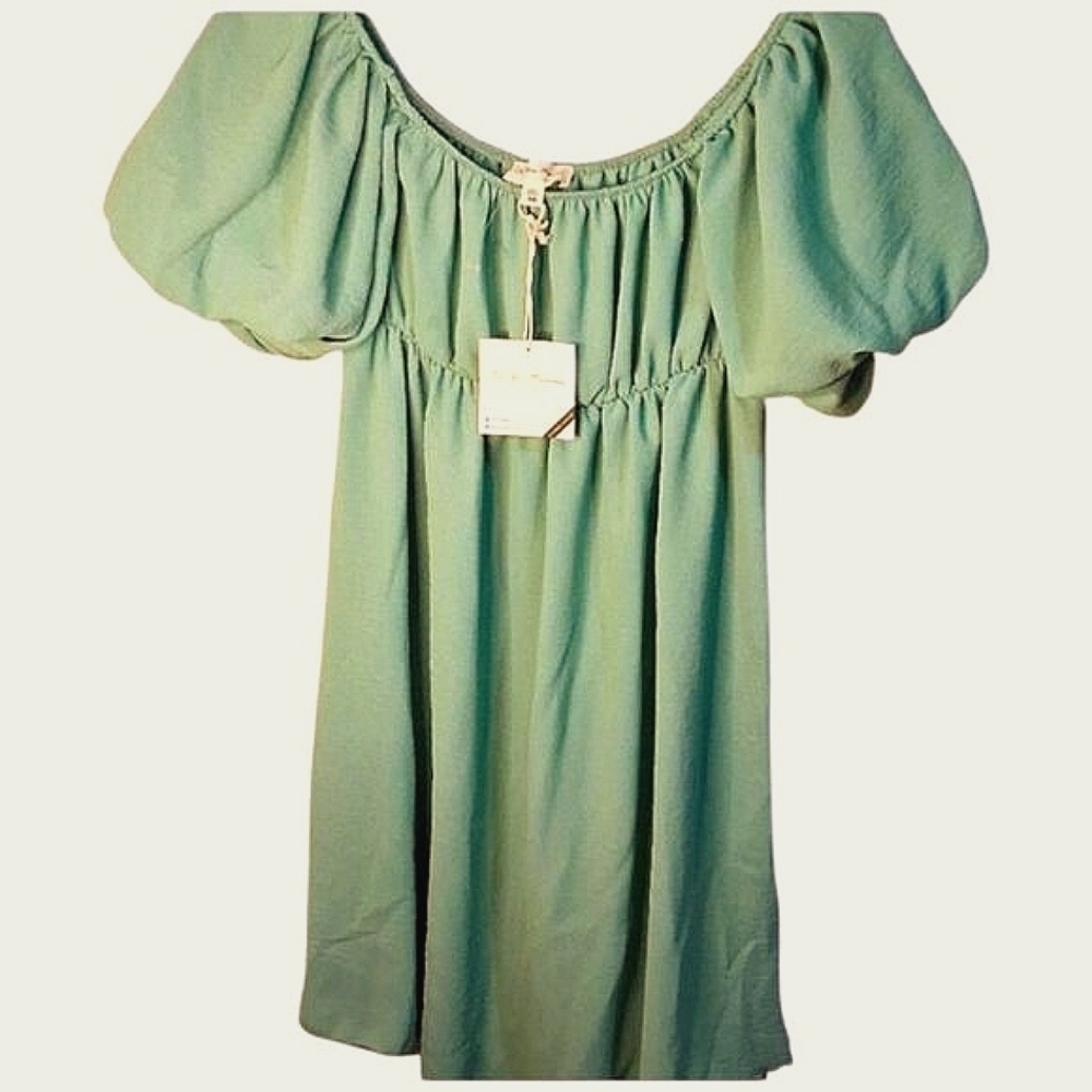 See You Monday Off The Shoulder Dress Sage Green Bubble Sleeves Size XS New